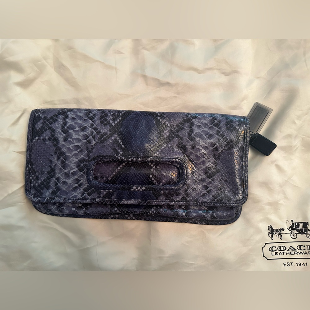 Authentic Coach Foldover Clutch Embossed Leather Blue Snakeskin